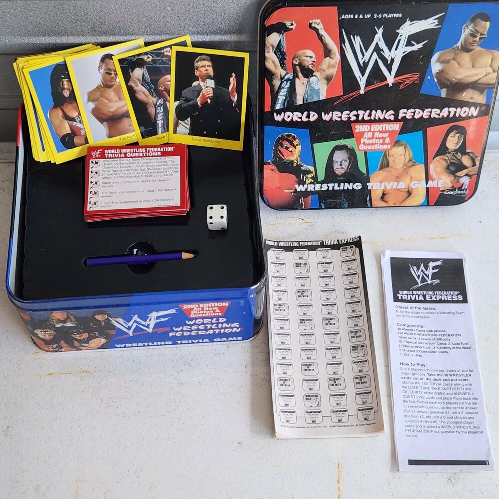 WWF Wrestling Trivia Game 2nd Edition Tin Box Cardinal WWE WWEF Complete?